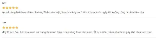 Nhiều người mua hàng đánh giá kem chống nắng nâng tông da tự nhiên, thẩm thấu nhanh