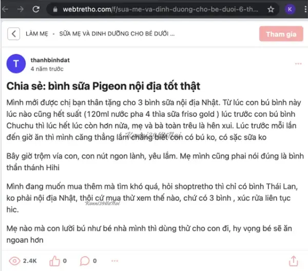 Mẹ thanhbinhdat rất vui vì từ khi cho dùng bình Pigeon bé luôn uống hết sữa mà không gặp trường hợp sặc sữa nguy hiểm. Mẹ thanhbinhdat review bình sữa Pigeon nội địa Nhật