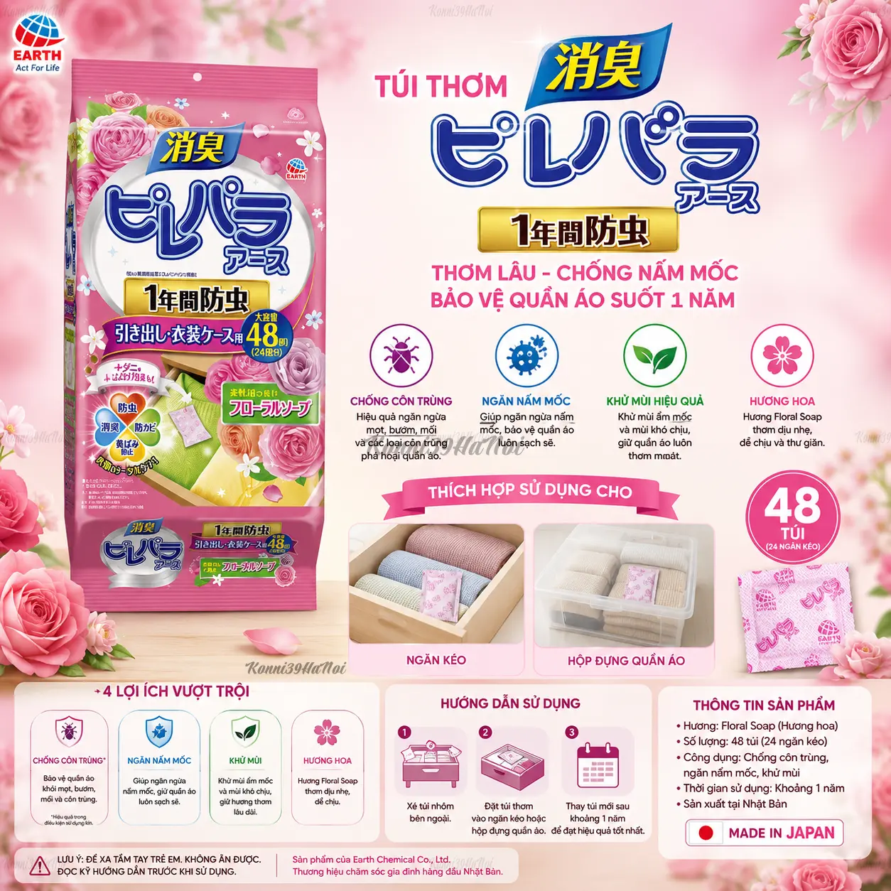 4901080567918 Gói 48 túi thơm, ngăn ngừa nấm mốc côn trùng cho quần áo Earth Chem - Ảnh 1