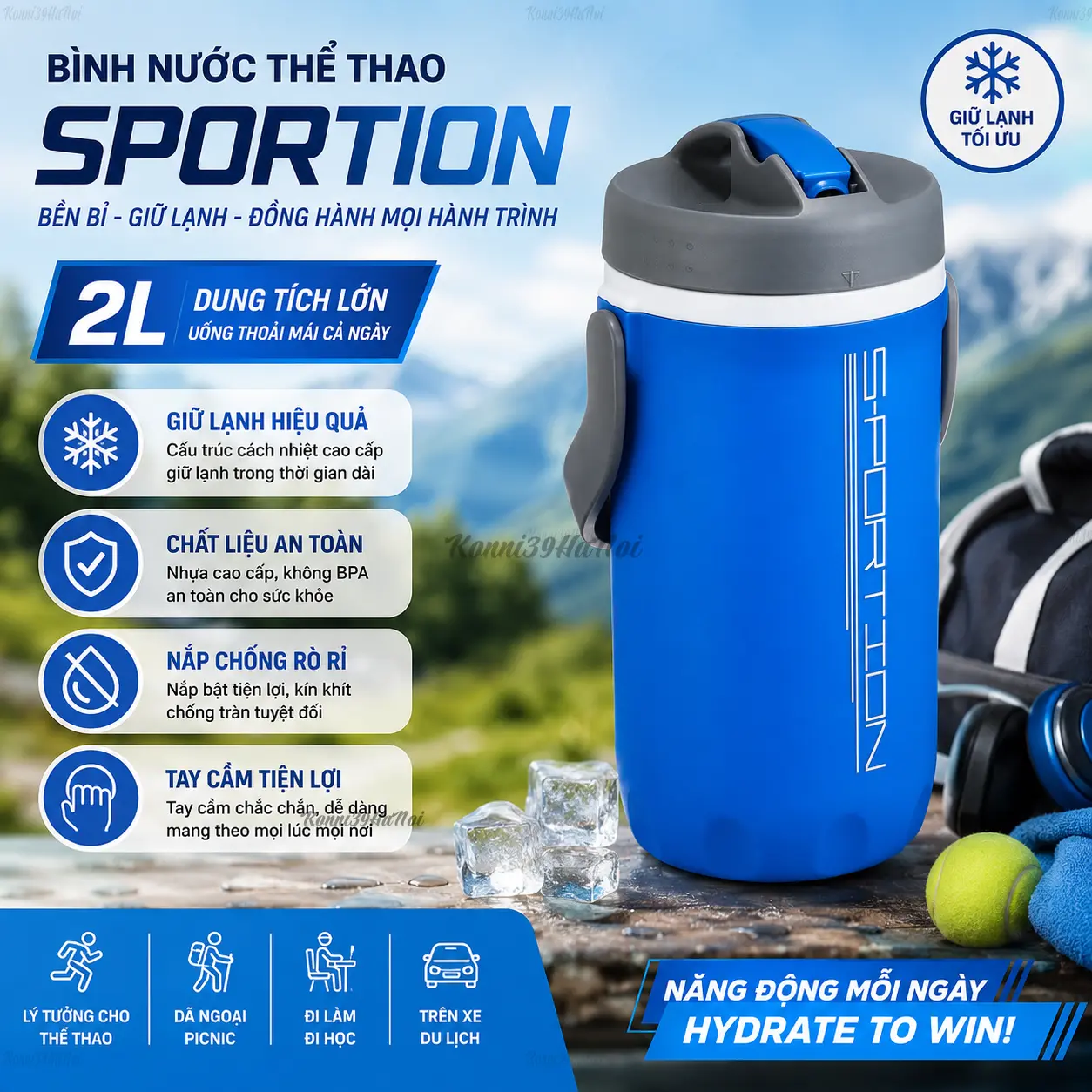 4976790327718 Bình nước thể thao 2L, giữ lạnh Sportion (XANH DƯƠNG) - Ảnh 1