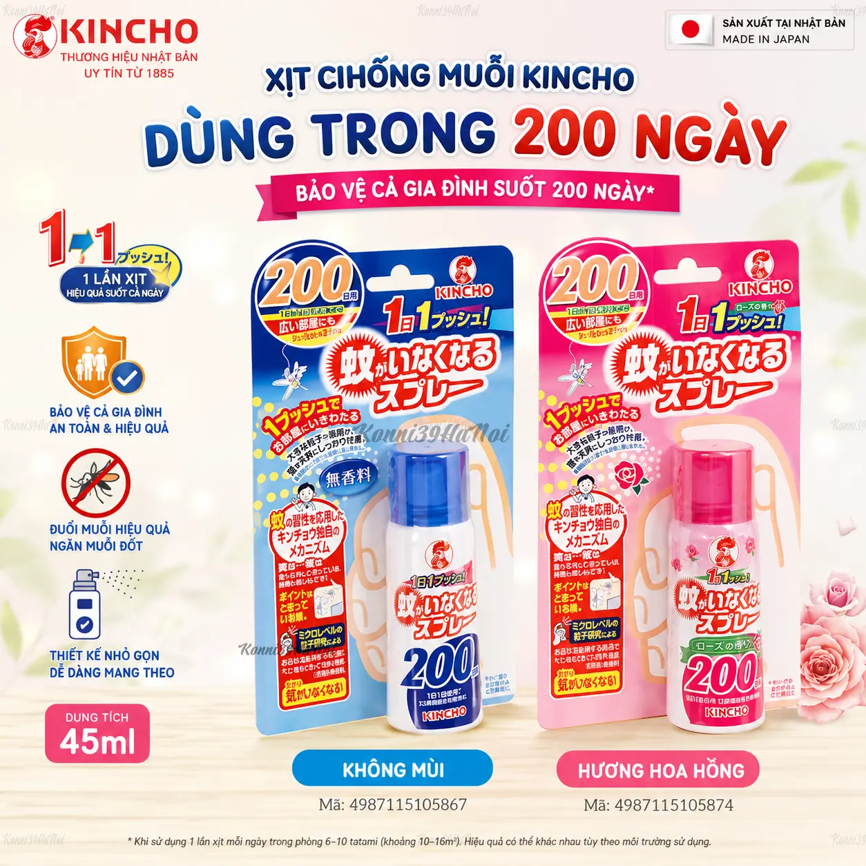 4987115105867 Xịt chống muỗi Kincho dùng trong 200 ngày 45ml - Hương hoa hồng (mẫu mới) - Ảnh 1