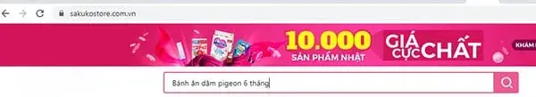 Gõ tên/thông tin sản phẩm (bánh ăn dặm Pigeon 6 tháng) vào ô tìm kiếm và ấn nút “Tìm kiếm” (biểu tượng kính lúp). đặt mua bánh ăn dặm Pigeon cho bé 6 tháng online bước 1