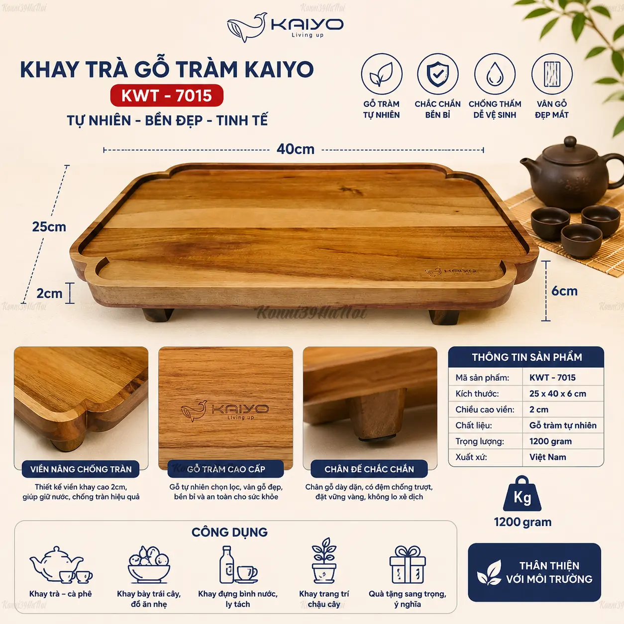 8936212087015 Khay trà bằng gỗ Kaiyo, kích thước 25x40cm - Chất lượng Nhật Bản - Ảnh 1
