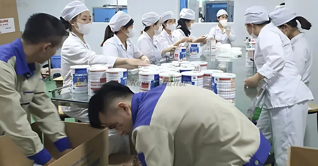 Công nhân đóng hộp thành phẩm sữa bột tại cơ sở sản xuất, chuẩn bị tung ra thị trường.