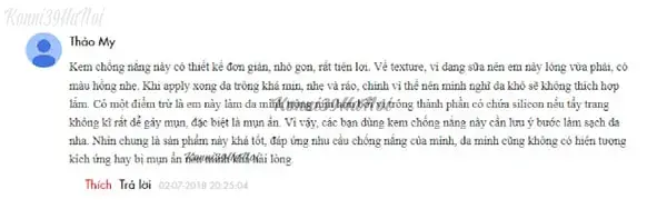 Người dùng nhận xét sản phẩm thoa lên da khá mịn, nhẹ và ráo, cần làm sạch kỹ để tránh gây mụn ẩn.