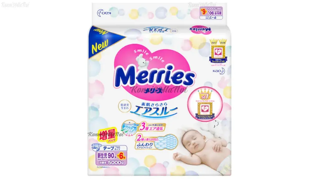 Bỉm dán size Newborn cho trẻ dưới 5kg gồm 90+6 miếng.