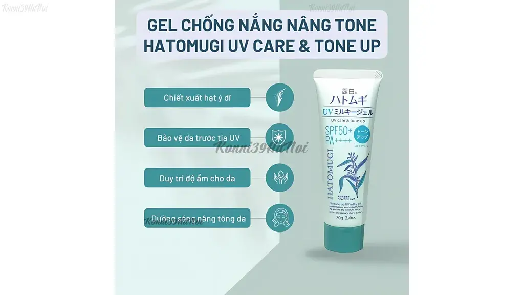 Gel chống nắng nâng tông ý dĩ Hatomugi The Tone Up UV Milky Gel giúp dưỡng ẩm, có kết cấu mỏng nhẹ, giúp da giảm bóng dầu.