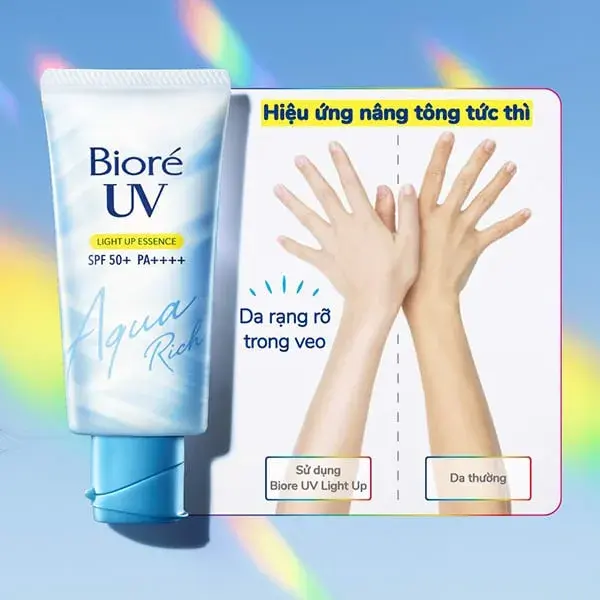 Biore UV Aqua Rich Light Up Essence có công dụng chống nắng, nâng tông da tức thì Biore UV Aqua Rich Light Up Essence có công dụng chống nắng