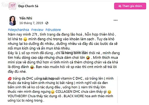 Tài khoản Yến Nhi chia sẻ về khả năng trắng da của vitamin C. Tài khoản Yến Nhi đánh giá tốt về viên vitamin C DHC