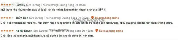 Nhận xét của khách hàng Thùy Dương về sữa dưỡng Hatomugi ban đêm