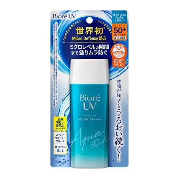 Kem chống nắng Biore UV Aqua Rich Watery Gel được thiết kế dạng chai nhựa màu xanh biển, dung tích 90ml Kem chống nắng Biore UV Aqua Rich Watery Gel được thiết kế dạng chai nhựa