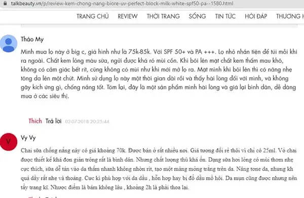Đánh giá về Kem chống nắng Biore UV Perfect Block Milk trên các diễn đàn chăm sóc sắc đẹp Đánh giá về Kem chống nắng Biore UV Perfect Block Milk