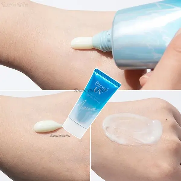 Kem chống nắng Biore UV Aqua Rich Watery Essence có kết cấu màu trắng, dạng tinh chất ẩm mượt, lỏng nhẹ thẩm thấu nhanh vào da Kem chống nắng Biore UV Aqua Rich Watery Essence có kết cấu màu trắng