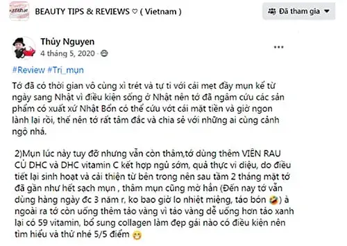 Tài khoản Thủy Nguyen chia sẻ về hành trình trị mụn, mờ thâm nhờ viên uống của nhà DHC. Tài khoản Thủy Nguyen đánh giá về viên uống vitamin C DHC của Nhật