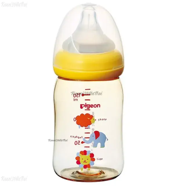 Bình sữa nhựa Pigeon 160ml cổ rộng màu vàng hình động vật