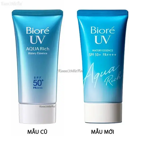 Thiết kế mẫu mới và mẫu cũ của kem chống nắng Biore UV Aqua Rich Watery Essence với bao bì dạng tuýp nhỏ gọn, dung tích 50g mẫu mới và mẫu cũ của kem chống nắng Biore UV Aqua Rich Watery Essence