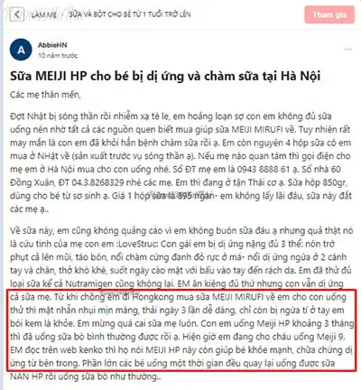 review sữa Meiji không chứa đạm sữa bò trên diễn đàn Webtretho