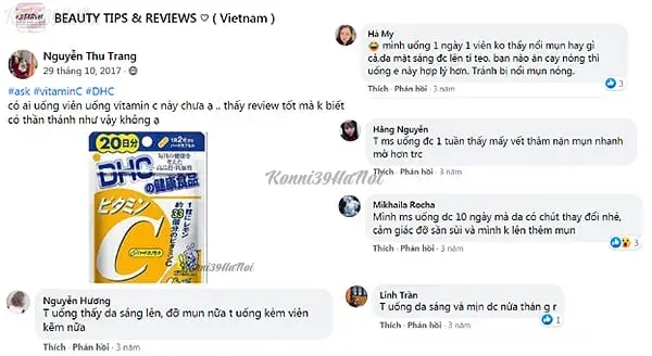 Ở một bài đăng khác cũng trong nhóm này của thành viên Nguyễn Thu Trang, nhiều người đã để lại bình luận khen ngợi tác dụng của viên uống vitamin C. thành viên Nguyễn Thu Trang đánh giá về viên uống vitamin C DHC của Nhật