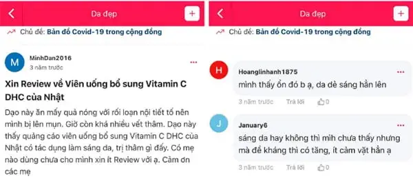 Nhiều người dùng trên diễn đàn cũng để lại review tích cực về tác dụng sáng da, tăng sức đề kháng của Vitamin C DHC của Nhật. Nhiều người dùng review tốt về viên uống DHC vitamin C