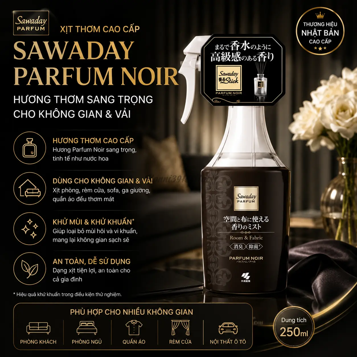4987072088012 Xịt thơm Sawaday Parfum Noir dùng cho phòng & vải 250ml - Ảnh 1