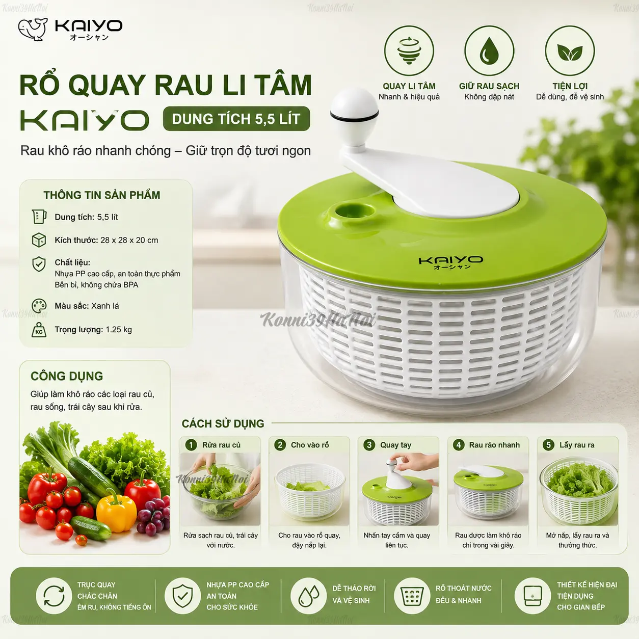 8936212088036 Rổ quay rau li tâm Kaiyo, dung tích 5.5 lít màu xanh - Ảnh 1