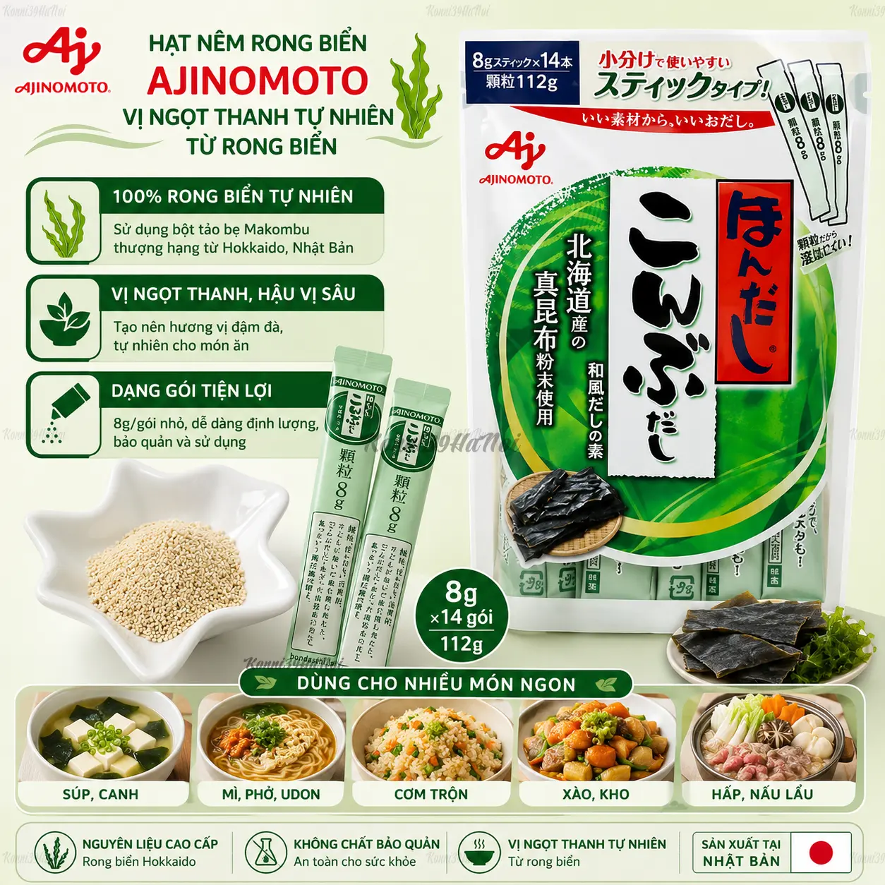 4901001375400 Hạt nêm rong biển Ajinomoto 112g (8g x 14 gói) - Ảnh 1