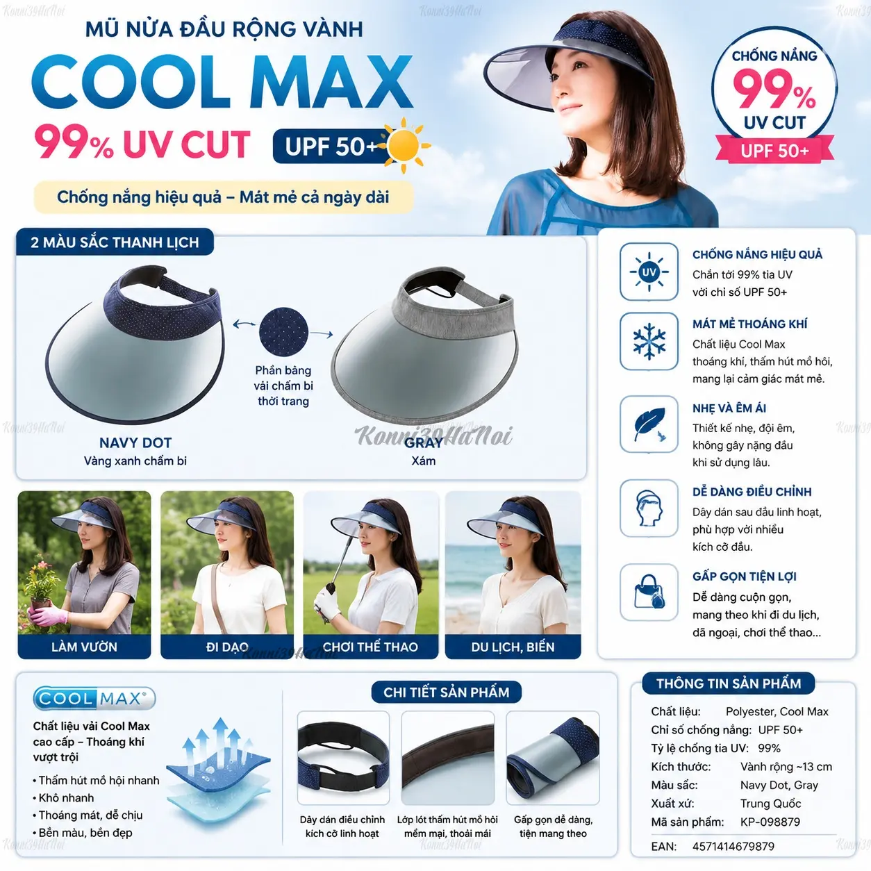 4571414679879-premium.webp Mũ nửa đầu rộng vành Cool Max 99% UV Cut - UPF 50+ (vàng xanh chấm bi) - Ảnh 1