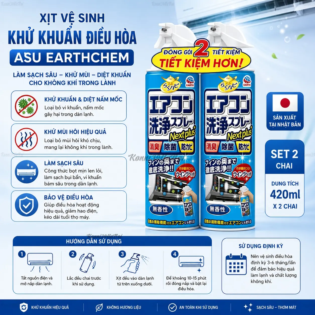 4901080688712-premium.webp Xịt vệ sinh khử khuẩn điều hòa Asu Earthchem 420ml (Set 2) - Ảnh 1