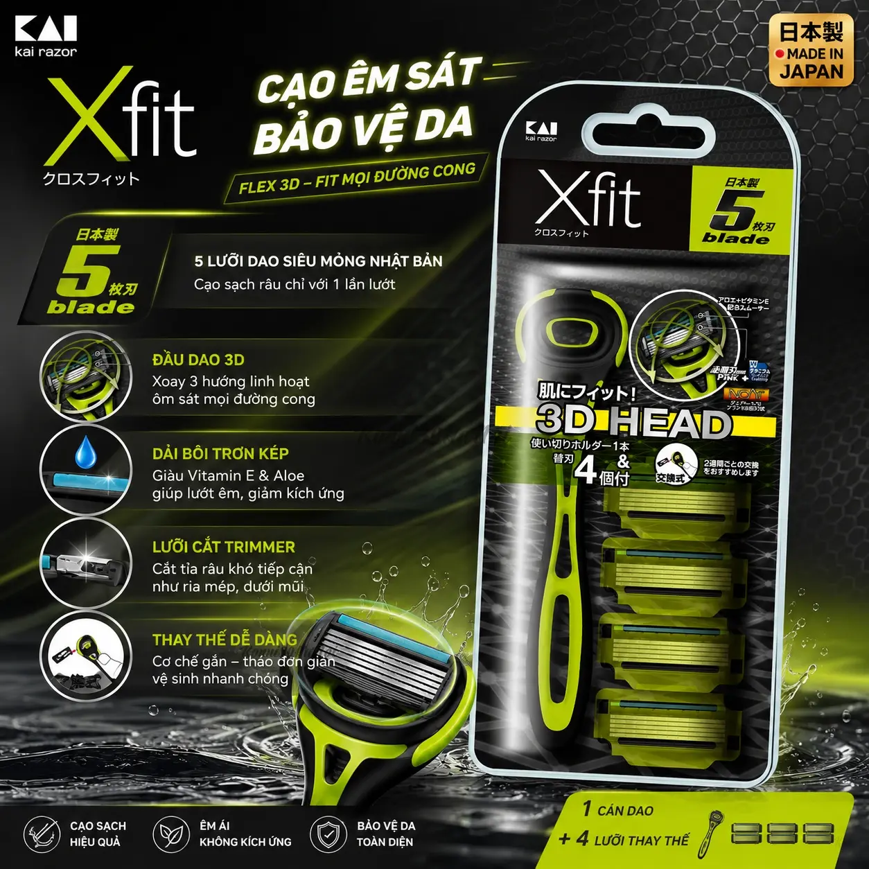 4901331001307-premium.webp Set dao cạo râu 5 lưỡi kép Xfit KAI (1 thân, 4 lưỡi thay thế) - Ảnh 1