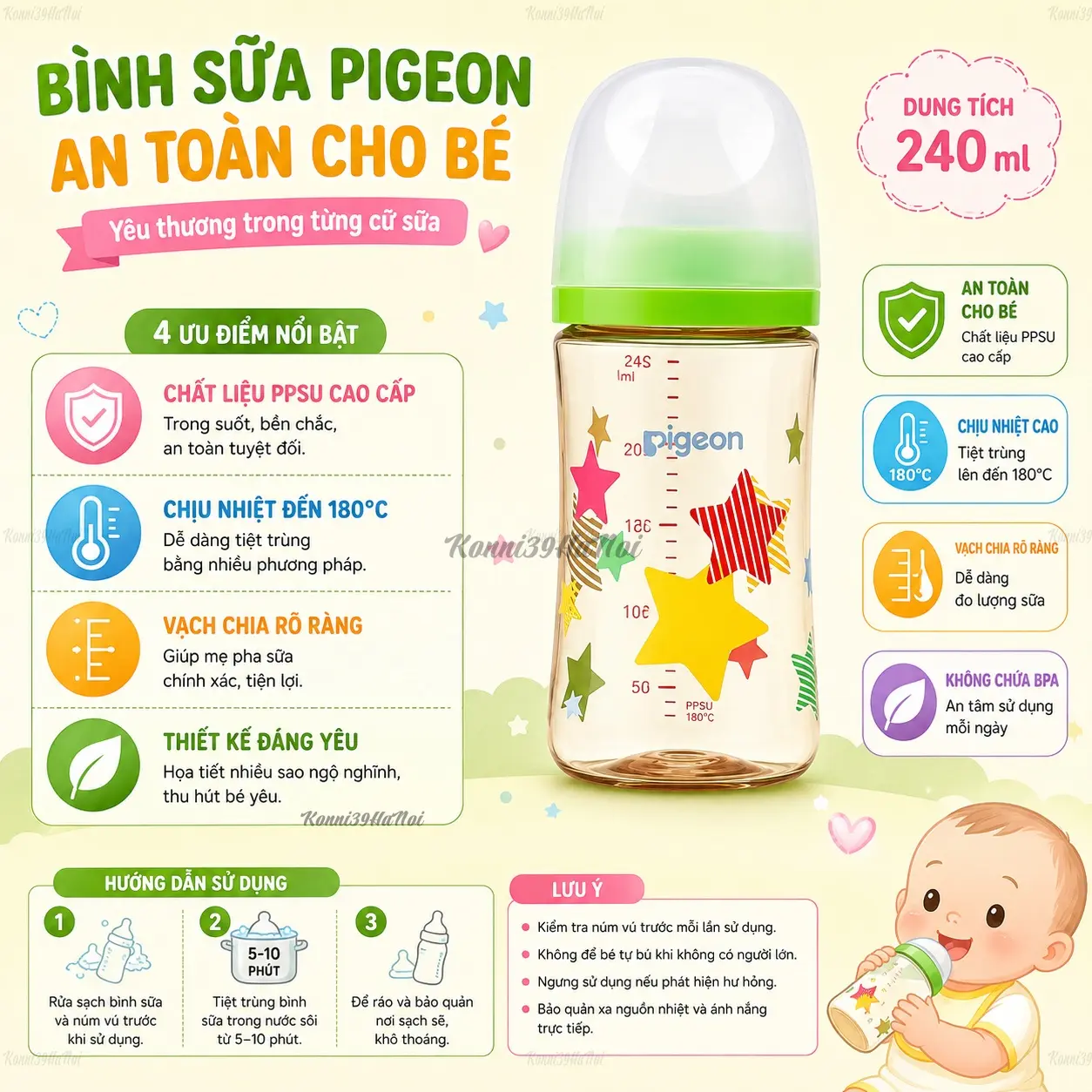 4902508024631-premium.webp Bình sữa Pigeon cổ rộng 240ml - hình ngôi sao (núm M) - Ảnh 1