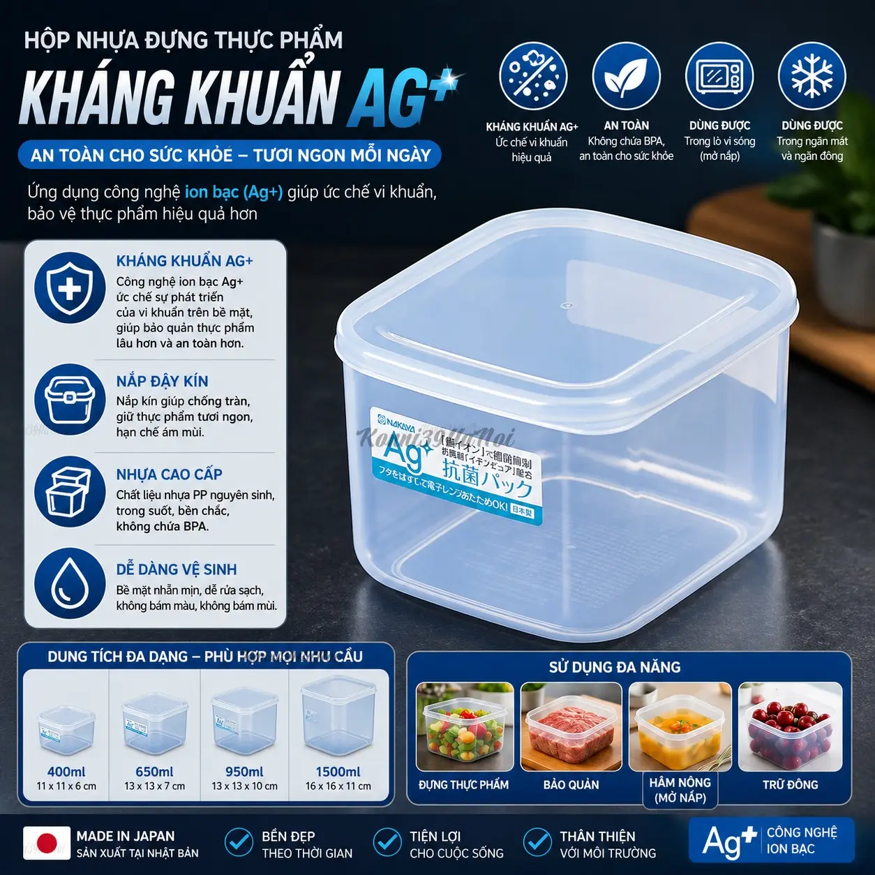 4955959140603-premium.webp Hộp nhựa Nakaya Ag+ kháng khuẩn 1L - Hàng nhập nội địa Nhật Bản - Ảnh 1