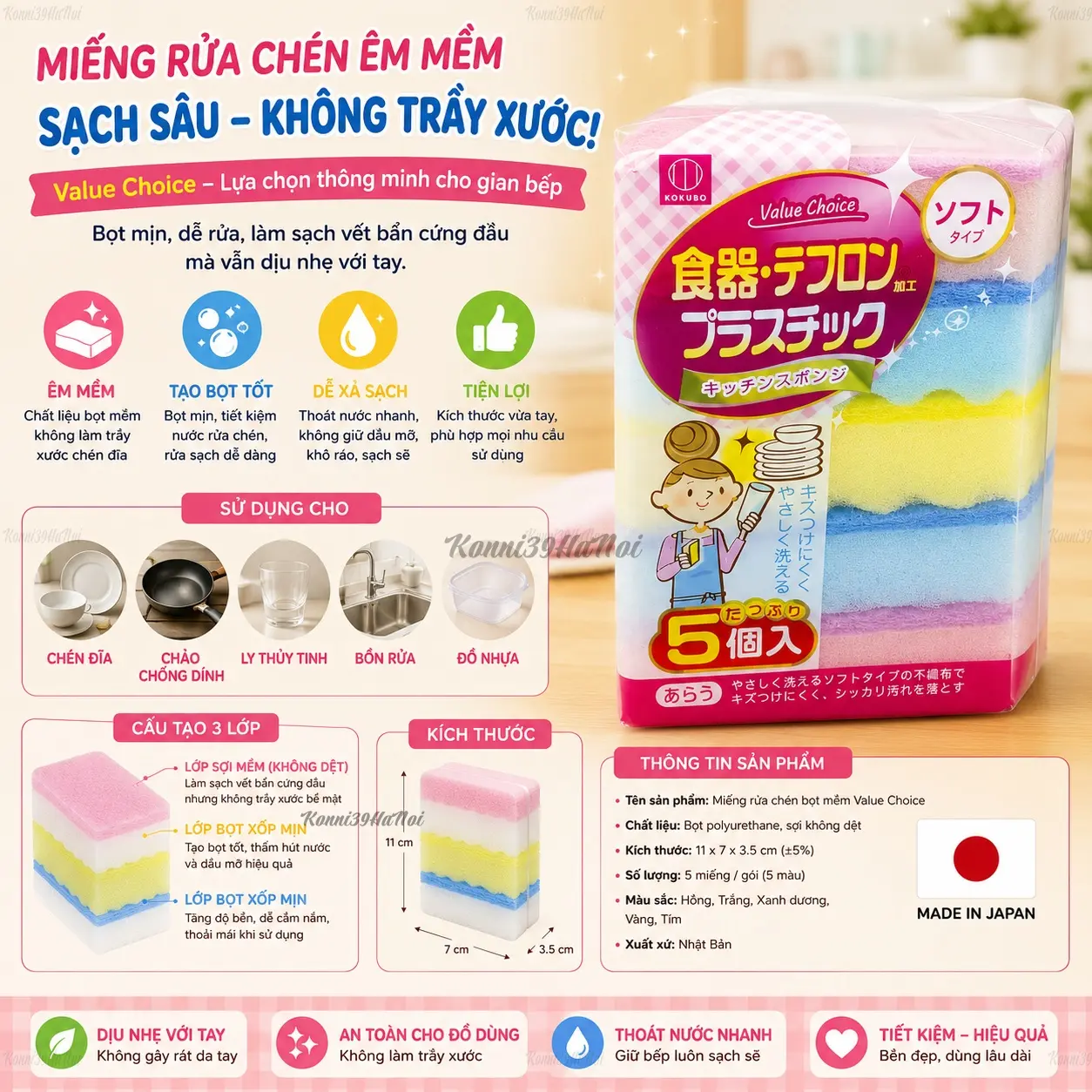 4956810236671-premium.webp Set 5 mút rửa bát Kokubo 2 mặt - Hàng nhập nội địa Nhật Bản - Ảnh 1