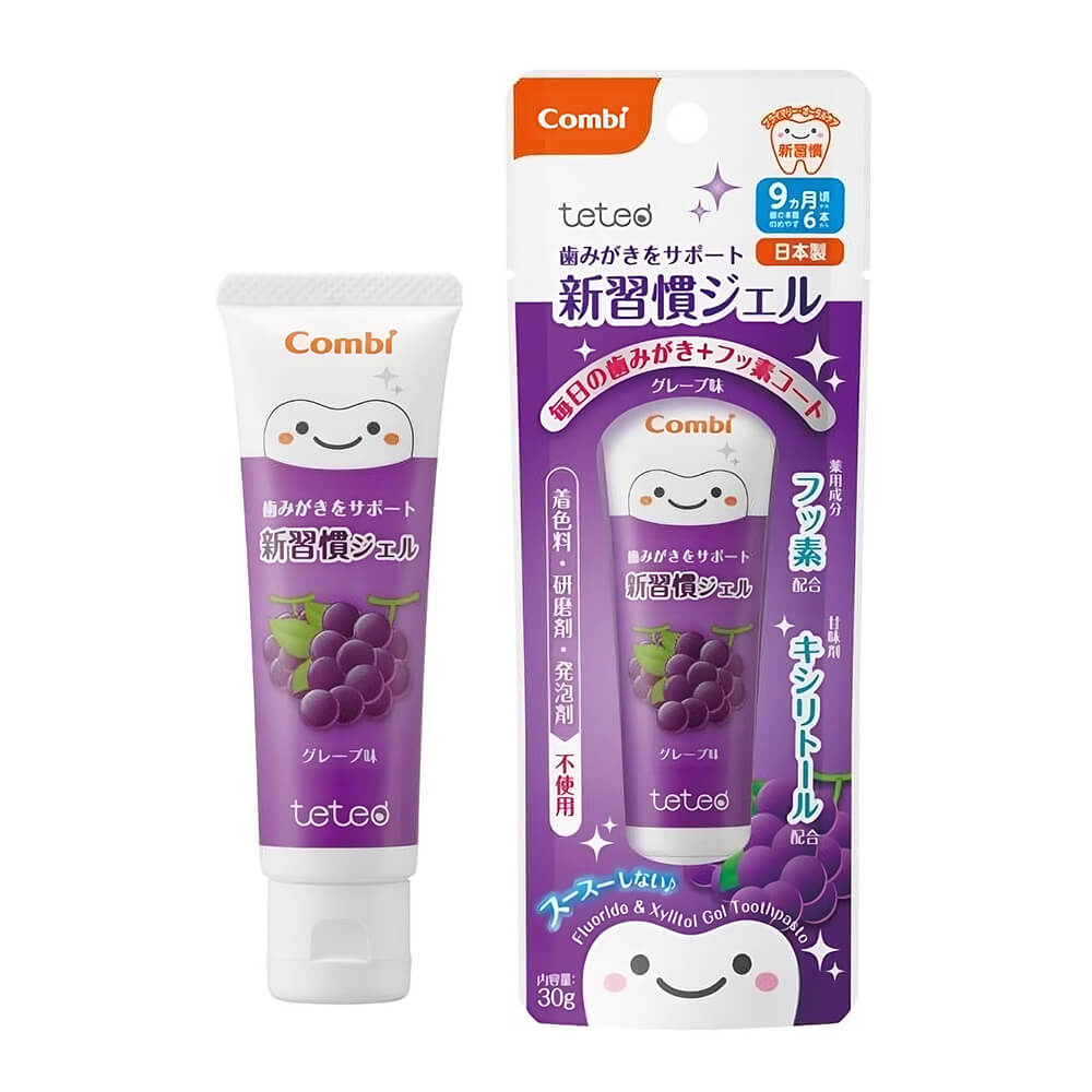 1dbd0680-7940-45d6-af61-a63be5536641.jpg Kem đánh răng cho bé Combi Teteo dạng gel hỗ trợ chống sâu răng từ 9 tháng tuổi 30g (Vị nho) - Ảnh 1