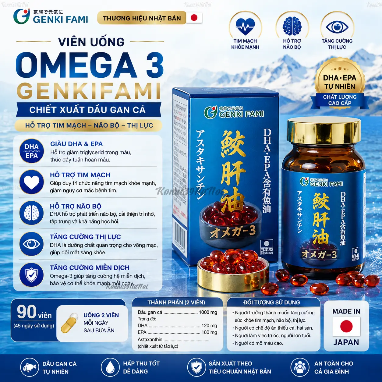 4580545930087 Viên uống Omega 3 Genkifami chiết xuất dầu gan cá hộp 90 viên - Ảnh 1
