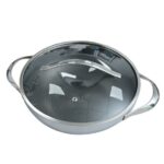 Chảo inox chống dính hoa văn nổi thân đáy liền Kaiyo, sâu lòng, 2 tay cầm, vung kính, size 28cm