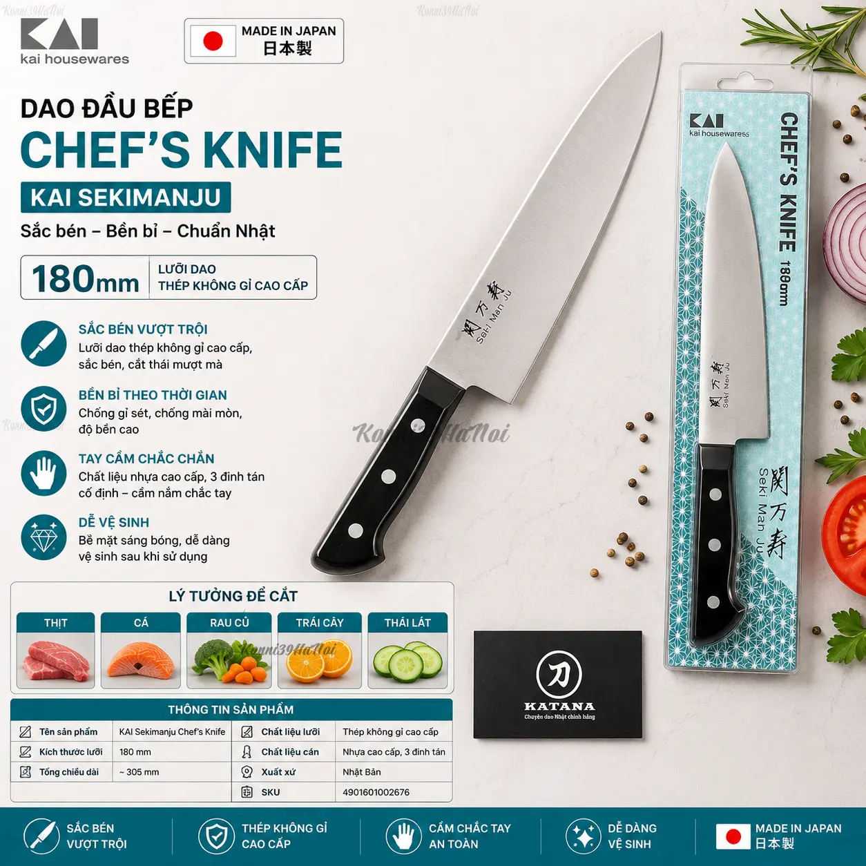 4901601002676 Dao đầu bếp cắt thái đẹp chuyên nghiệp KAI Sekimanju Chef 180mm - Ảnh 1