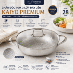 Chảo đúc inox 3 lớp đáy liền dập nổi Kaiyo, sâu lòng, 2 tay cầm, vung kính, size 28cm