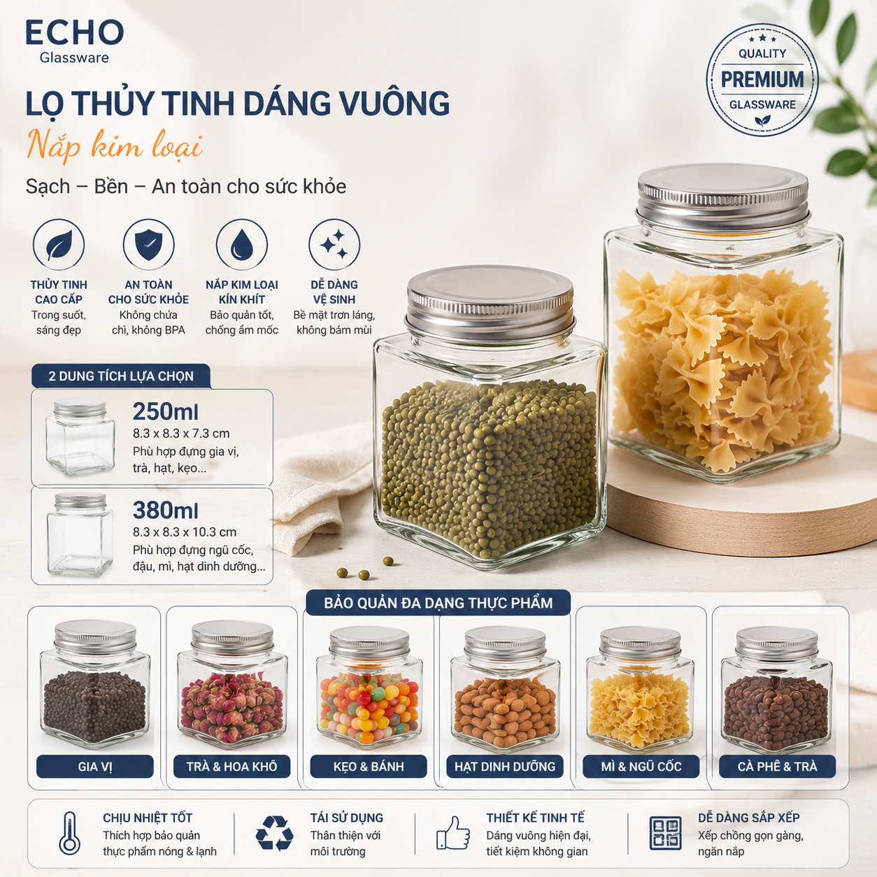 VAR-01454 Lọ thủy tinh dáng vuông Echo nắp kim loại sạch bền - Ảnh 1