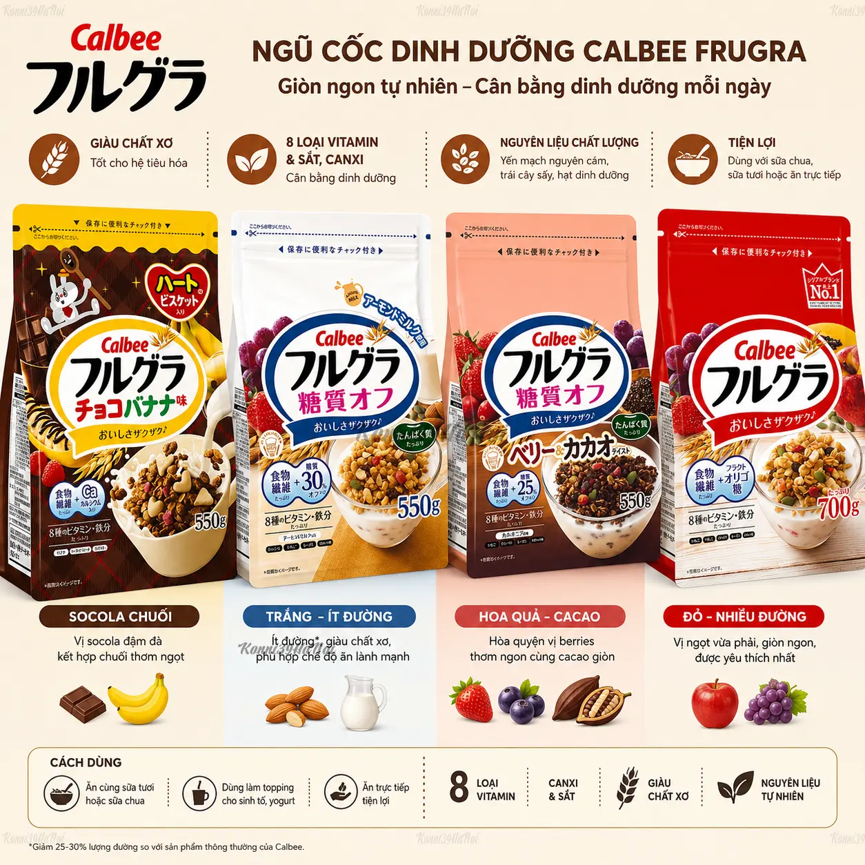 VAR-48388 Ngũ cốc calbbe Frugra túi 600g Vị Socola | Vị Hoa Quả | Ít Đường | Nhiều Đường - Ảnh 1