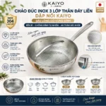 Chảo đúc inox 3 lớp thân đáy liền dập nổi Kaiyo, sâu lòng có vung kính