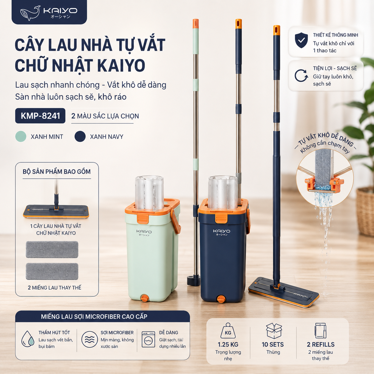 VAR-88234 Cây lau nhà tự vắt chữ nhật Kaiyo kèm miếng lau thay thế - Ảnh 1